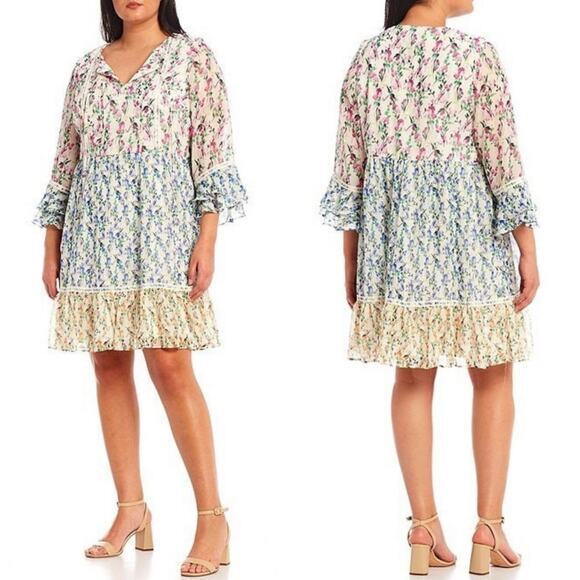 Maison Tara Ivory Multi Floral Print 3/4 Ruffle Sleeve Babydoll‎ Dress, 3X - Picture 1 of 16